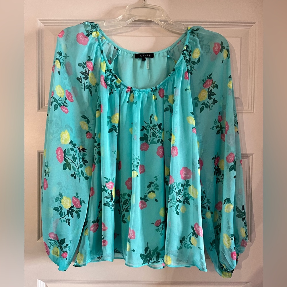 1. State Aqua Floral Long-Sleeve Blouse with Pink and Yellow Flowers